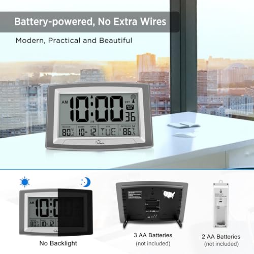 Atomic Self-Setting Digital Wall Clock with Indoor/Outdoor Temperature Sensor