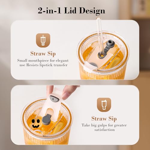 20oz Ribbed Glass Iced Coffee Cups with Lids and Glass Straws - 4 Pack