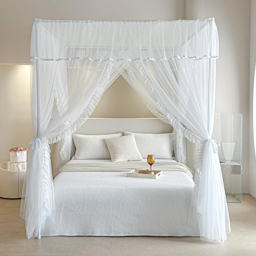 4 Corner Post Bed Canopy Curtain - Double Layer Ruffle Mosquito Net