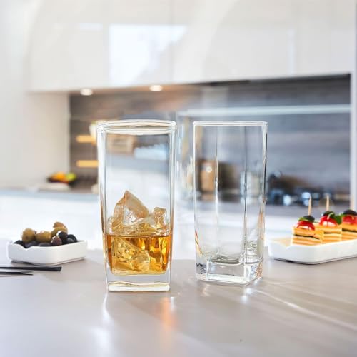 Square Drinking Glasses Set of 4, Tall Durable Glass Tumblers for Kitchen