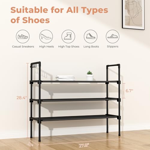 3-Tier Free Standing Shoe Rack Organizer with 5 Side Hooks, Stackable Shelf