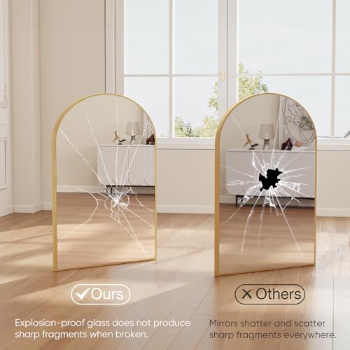 20x30 Inch Arched Wall Mirror, Gold Metal Frame Bathroom Vanity Mirror
