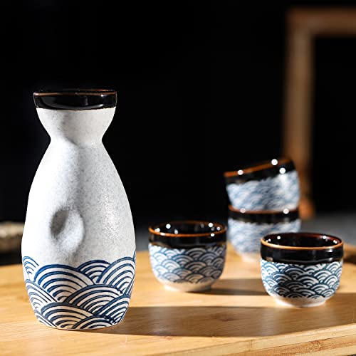 Gray Ceramic Sake Set of 7 with 1 Bottle & 6 Cups - Japanese Culture Gift