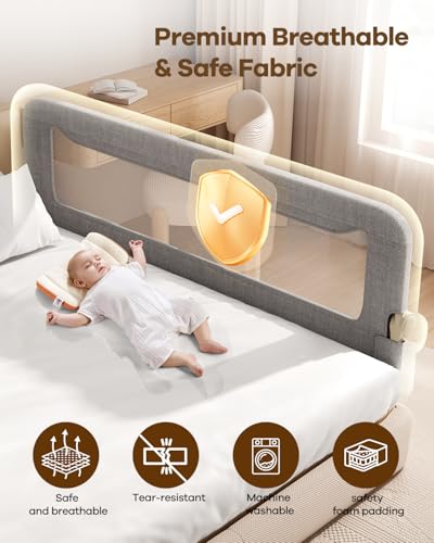 GrowthFun Foldable Toddler Bed Rail 71in Reinforced Safety Guard for Queen
