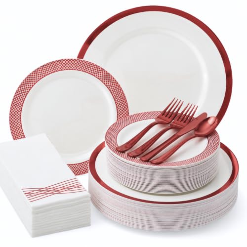 By Madee White & Red 175 Pc Heavyweight Party Plates Set (White & Red) 25 Guests