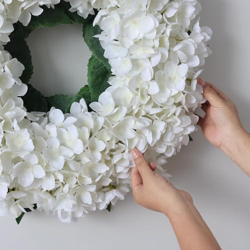 21-Inch Artificial Hydrangea Flower Wreath for Front Door Decor (White)
