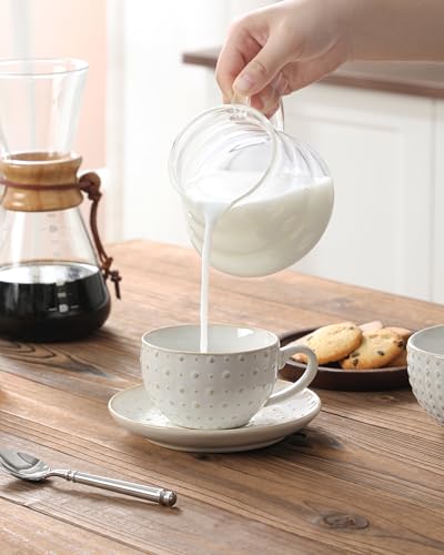 MALACASA 6 oz Cappuccino Cups & Saucers Set - Embossed Latte Mug Set of 4