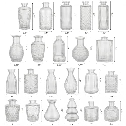 Clear Glass Bud Vases Set of 22 - Vintage Small Flower Vases for Centerpieces