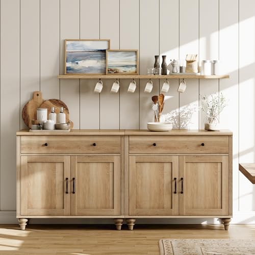 WAMPAT Oak Buffet Cabinet with 4 Doors & 2 Drawers - Vintage Gourd Legs, Large Sideboard, 67.7"