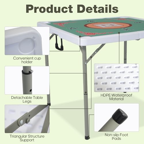 35-Inch Portable Folding Mahjong Table with 4 Cup Holders and Green Surface