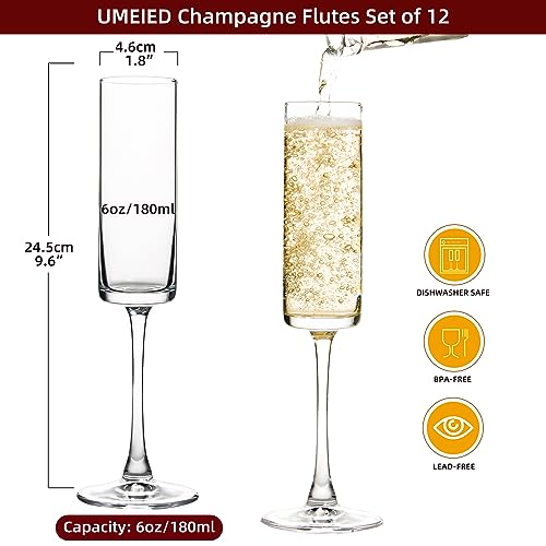 UMEIED Rectangular 6 oz Champagne Flutes Set of 12 - Long Stem Crystal Glasses for Weddings & Parties