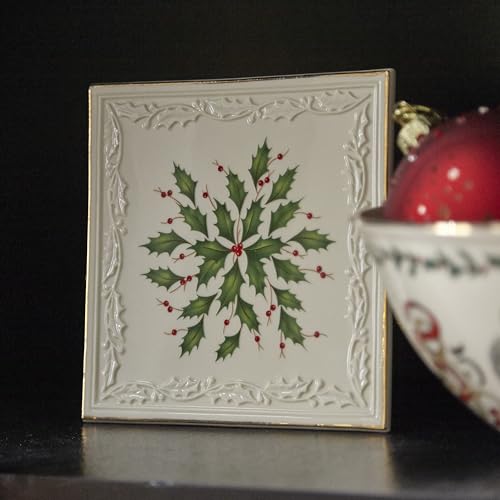 Lenox Holiday Porcelain Christmas Trivet - 6 Inch, Ornate Holly Leaf Design, Gold Accents, Festive Table Decor