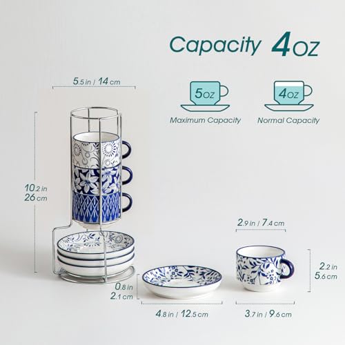 Vancasso 4oz Porcelain Espresso Cups Set of 4 with Saucers & Metal Stand - Stackable Coffee Mugs