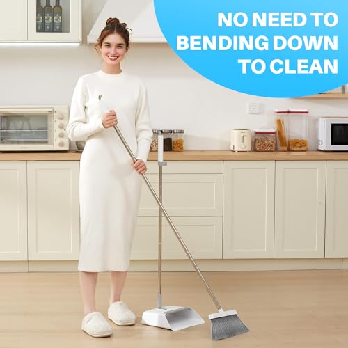 Upright Broom and Dustpan Set with Built-in Comb Teeth & Long Handle
