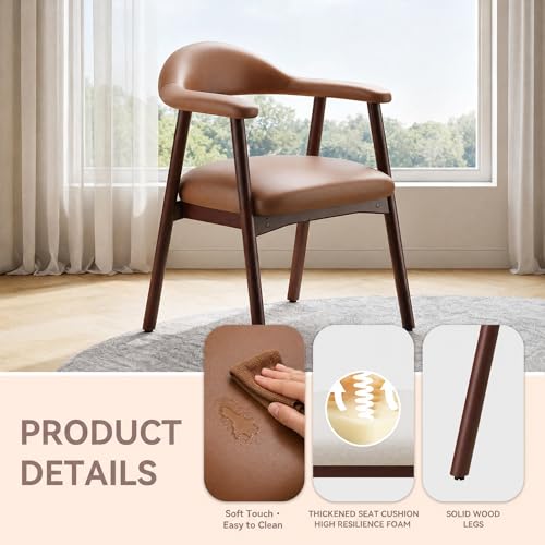 Upholstered Leather Dining Chairs with Armrests, Set of 4, Brown