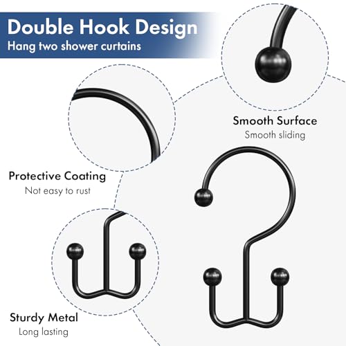 Matte Black Double Shower Curtain Hooks - Rust-Proof Metal Rings (12 Pack)