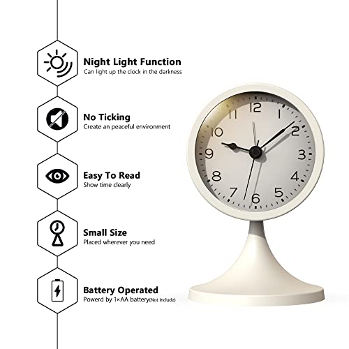 3-Inch Retro Analog Alarm Clock, Silent Metal Table Clock with Night Light