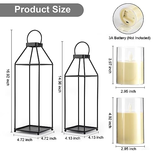 Decorative Outdoor Lanterns with LED Candles - 2PCS Black Metal
