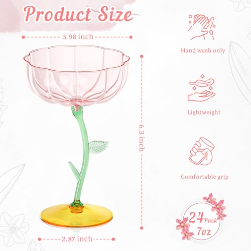 24 Pcs Pink Floral Coupe Glasses, 7oz Detachable Plastic Cocktail Glasses