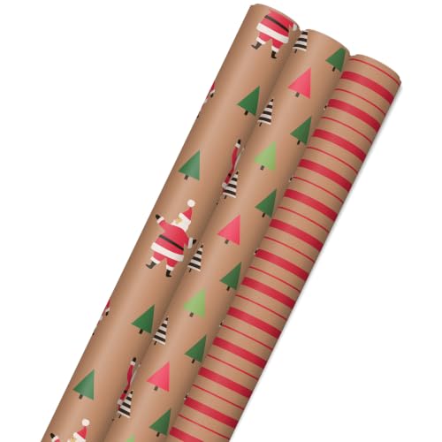 Hallmark Christmas Kraft Wrapping Paper Rolls - 3 Pack Holiday Gift Wrap with Santas, Trees & Stripes