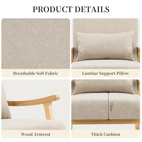 Mid-Century Modern Upholstered Rocking Chair with Lumbar Pillow, Light Gray