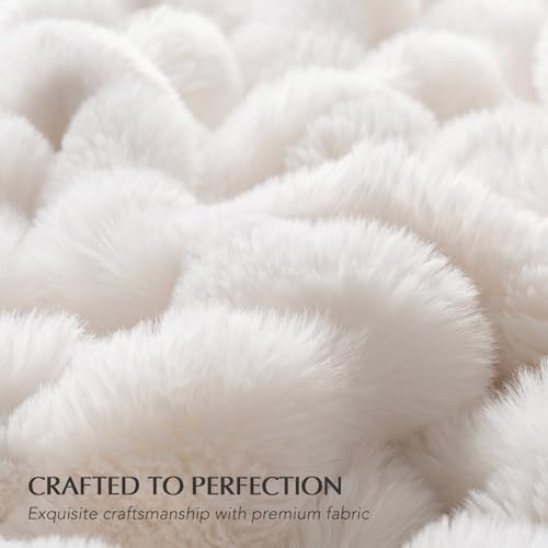 Ivory Faux Rabbit Fur Throw Blanket, 60x80 Inch Sculpted Bubble Texture