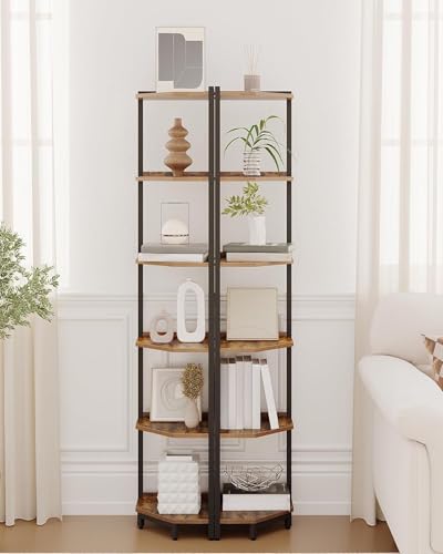 6-Tier Corner Bookshelf, Industrial Metal and Wood Display Stand