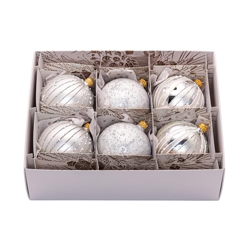 Luxury Frosted 80mm Mouth-Blown European Glass Christmas Ball Ornaments Set of 6 - Silver & White Frosted Luxe
