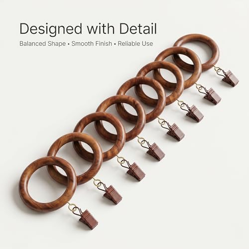 24 Pack Wooden Curtain Rings with Clips, 1.75-Inch Inner Diameter