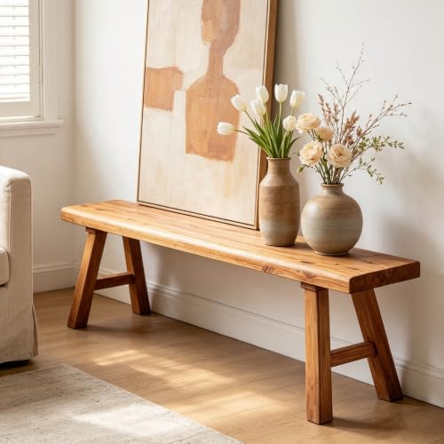 Sepsephiria Farmhouse Entryway Bench 32-inch Natural Solid Wood End of Bed Stool