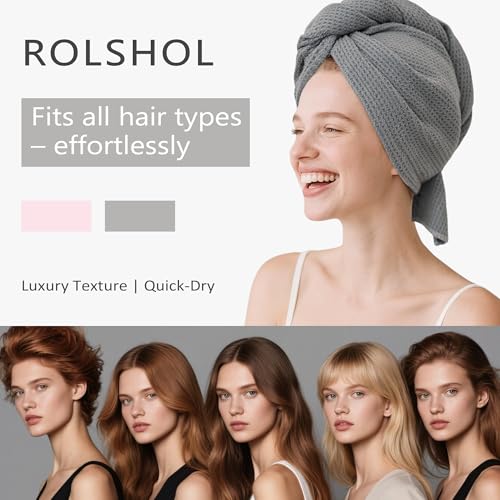 ROLSHOL Microfiber Waffle Hair Towel Wraps for Women - 32x11 Inches, Pink & Grey Pack