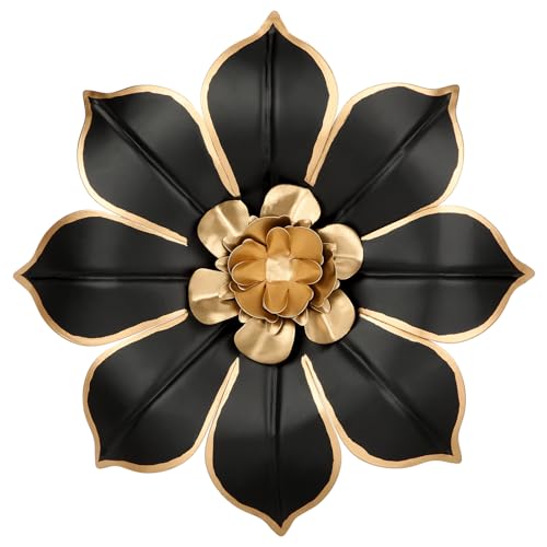 10-Inch 3D Metal Flower Wall Art, Black and Gold Floral Wall Decor