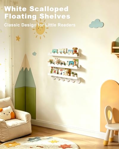 White Wood Wall Book Shelves with Hooks - Set of 3, 16 Inch, Nursery & Kids Room Decor