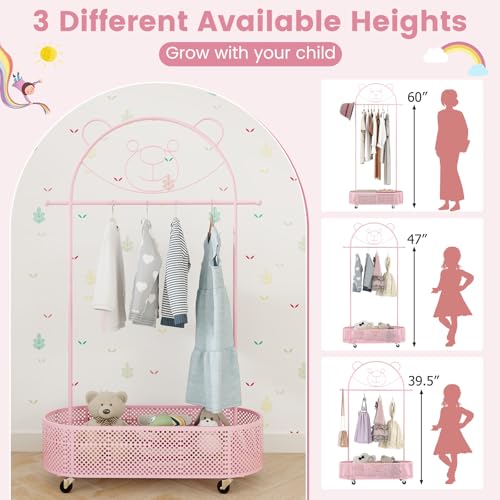 Kids Adjustable Garment Rack with Storage Basket and Wheels (Pink)