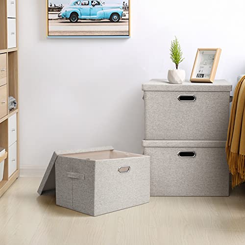 Collapsible Stackable Storage Bins with Lids 3-Pack Beige Linen Fabric
