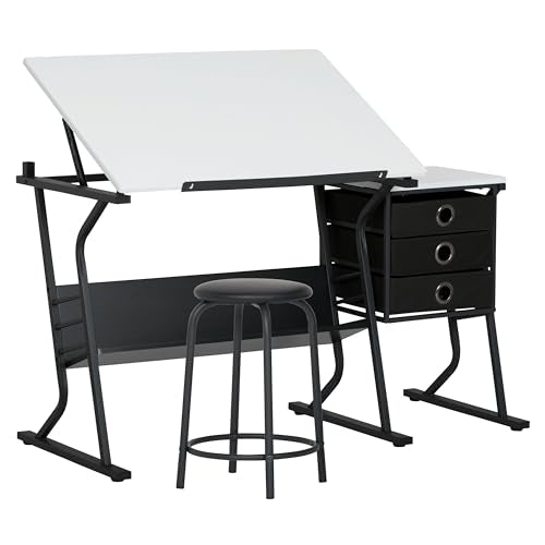 Adjustable Drafting Table and Stool Set with Storage Drawers