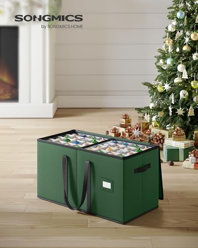 SONGMICS Christmas Ornament Storage Boxes Set of 2 with Forest Green Finish, 256 Slots & Adjustable Dividers