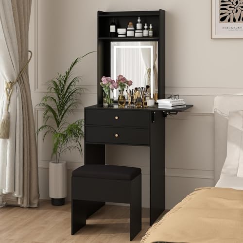 Small Vanity Desk with LED Mirror, Storage Stool & Foldable Side Panel