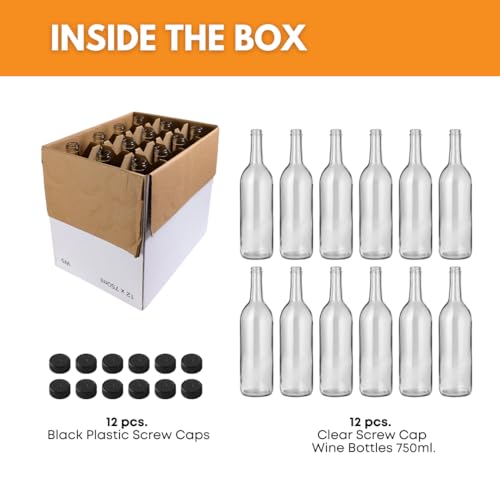 Clear Glass Wine Bottles 750ml with Lids 12-Pack for Winemaking