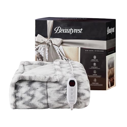 Chevron Faux Fur Electric Heated Throw Blanket, 50x60, Grey