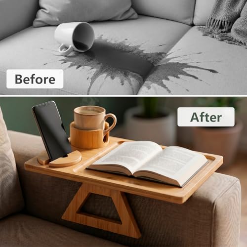 Bamboo Couch Armrest Table with Cup Holder and 360° Phone Stand