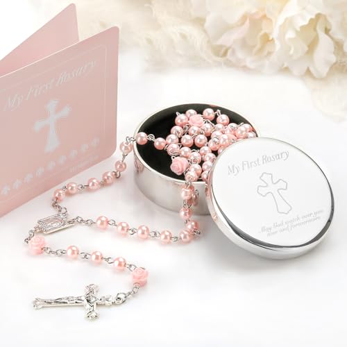 Baby Girl Baptism Gift Set - Pink Rosary with Silver Keepsake Box