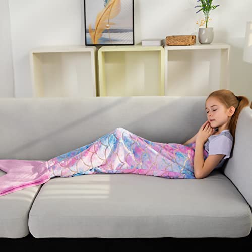 COSUSKET Kids Mermaid Tail Blanket - Soft Rainbow Flannel Fleece Throw
