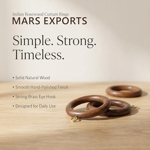 24-Piece Natural Rosewood Curtain Rings with Hooks, 1.25-Inch Inner Diameter