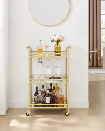 3-Tier Gold Bar Cart with Mirrored Shelves and Wine Glass Rack