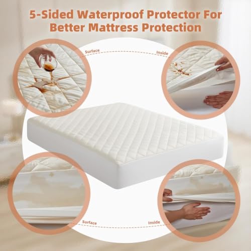 Organic Queen Mattress Protector - 5-Sided Waterproof, Noiseless & Breathable