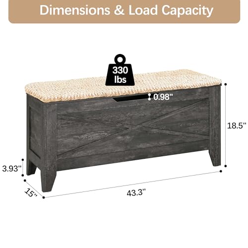 43-Inch Lift-Top Storage Chest Bench with Wicker Cushion and Safety Hinges