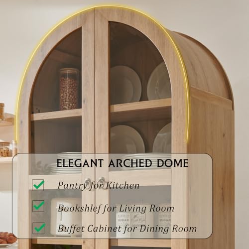 71" Arched Kitchen Pantry Cabinet with Glass Doors & Drawers