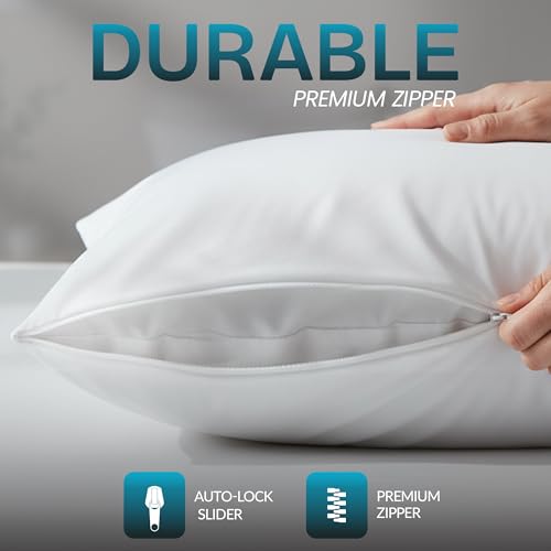 Waterproof Queen Pillow Protectors, Zippered Jersey Knit Covers - Set of 4