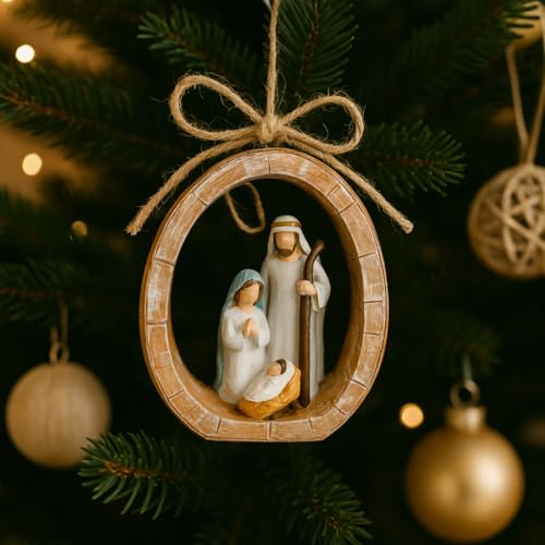 Holy Family Nativity Scene Hanging Ornament - Hand-Painted Resin, Rustic Faux-Wood Ring, Christmas Decor, Religious Gift, Variation: Nativity Scene
